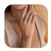 HUASAI Hand Chain Ring Bracelet Hand Chain Dainty 14k Gold Finger Ring Slave Bracelet Zircon Hand Jewelry for Women Trendy Summer Essentials Stuff Fashion Boho Beach Jewelry Gifts Minimalist