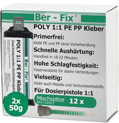 Ber-Fix 2K Kleber für PE, PP & mehr | 12 Mischdüsen inkl. | 2x50g | Ohne Primer | Schwierige Kunststoffe kleben