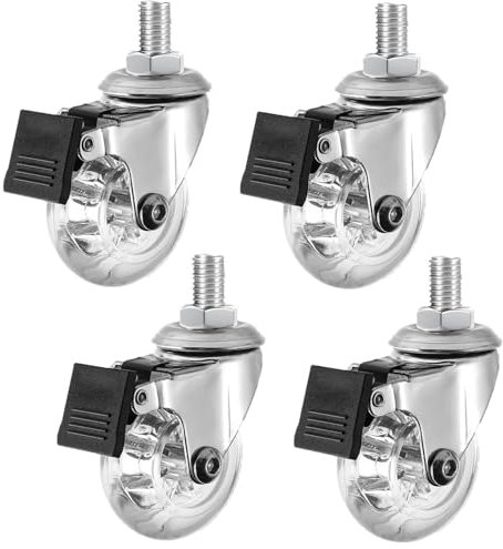 4 pezzi ruote piroettanti per mobile,con perni filettati M8 x 15 e cuscinetti a sfera,ruote piroettanti in gomma trasparente,ruote da trasporto - trasparenti, con freno (A,75mm)