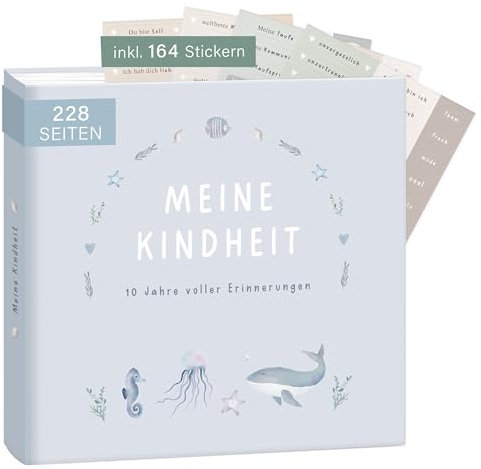 mintkind® Erinnerungsalbum Kindheit Blau, Babyalbum Jungen mit Sticker Set, Geschenk zur Geburt oder Taufe, Fotoalbum Kinder, Babybuch zum Eintragen, Erinnerungsbuch 0–10 Jahre