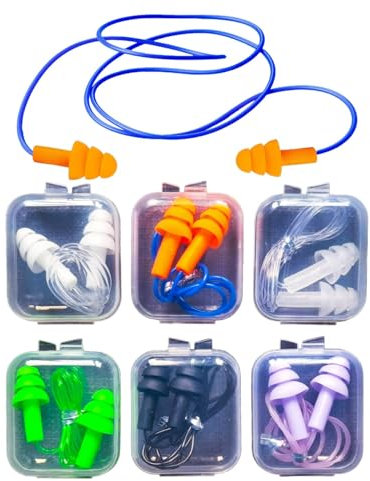 Corded Earplugs, Set of 6 Reusable Noise Cancelling Ear Plugs for Sleeping, Swimming & Travel, Waterproof Silicone Ear Protection with Storage Case (Light, One Size)