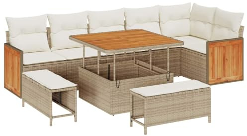 vidaXL 9-teiliges Garten-Sofaset mit Kissen in Beige aus Poly-Rattan und Akazienholz. Bequeme Sitzgelegenheit mit Stauraum für Terrasse, Balkon und Veranda.