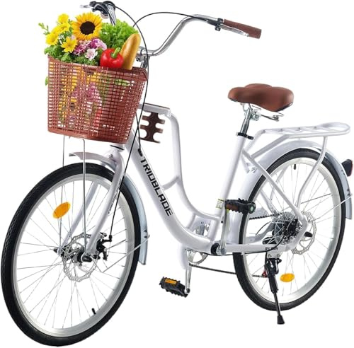 TRIOBLADE 24''26'' Vintage Ladies Bike with Basket 7 Speed Hybrid City Bike for Women Dual Disc Brakes Basket Rear Rack Lightweight Commuter bike Retro Bicycle White Urban Bike