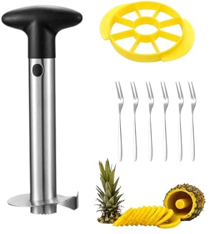 Ananasschneider,Ananas-Schneider 3 in 1,Ananasschäler Edelstahl,Enthält 6 Obstgabeln,Premium Ananas-Entkerner,Spülmaschinengeeignet,Geeignet zum Schneiden von Pineapple