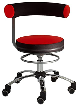 Sanus®-Gesundheitsstuhl | Rollhocker mit 360° Lehne, Fester Lehne, Sitzhöhe niedrig (36-43 cm), Stoffbezug rot/schwarz, Rollstopp-Rollen. Ergonomischer Bürostuhl, Erzieherstuhl