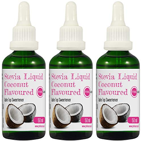 PINK SUN Stevia Liquid Sweetener Drops 50ml Coconut Flavoured x 3 Glass Dropper Bottles Natural Sugar Alternative Replacement Vegetarian Vegan Gluten Free Low Carb Non GM Zero Calories Bulk Buy