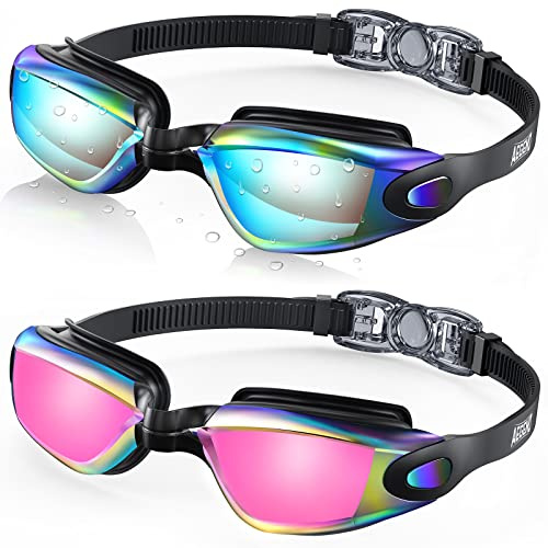 Aegend Swim Goggles 2-Pack, No Leaking Swimming Goggles for Adult Men Women Youth, Anti-Fog UV Protection Mirrored Lens, Soft Silicone Gasket Wide Vision for Outdoor Indoor & Triathlon