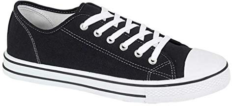 Mens Faux Leather PU Or Canvas Lace Up White Toe Cap Low Top Plimsoll Trainers Canvas Pumps Gym Retro Plimsolls Size UK 7-12 Black White Navy (8 UK, Black White)