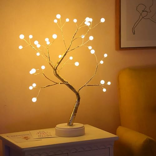 Tree Branch Lights,Warm White 36 LED Pearls Decorative Desk Table Lamp Battery Operated or USB Supply Copper Wire Tree Bedside Lamp with Touch Switch for Home Room Decor (Pearl Lamp - 36LED)