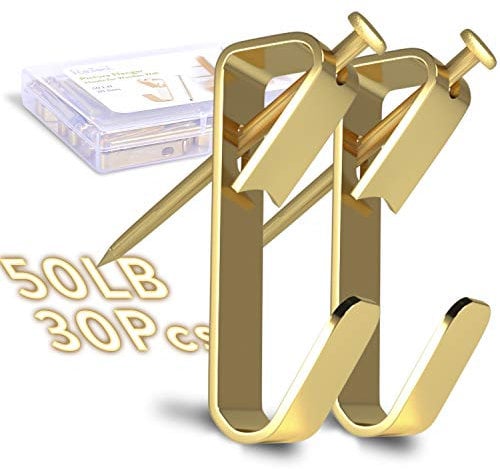 Pointool Ganci per appendere quadri, 22,7 kg, grandi, resistenti, kit con chiodi per muro a secco, 30 pezzi, oro