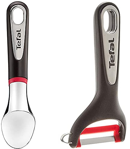 Tefal K2072214 Ingenio Cuillère glace Aluminium Chromé avec angle circulaire ustensile de cuisine noir et rouge sans bisphénol A avec insert silicone & INGENIO ACCESSOIRES Eplucheur à légumes