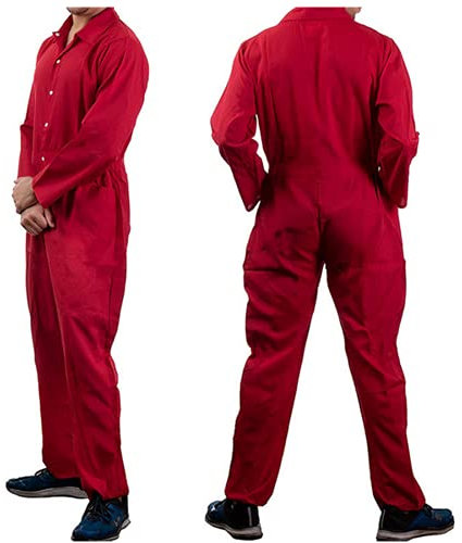 Mens Jumpsuit Halloween Unisex Boiler Suit Elasticated Waistband Coverall Overalls for College Student Workshop (Red, M)