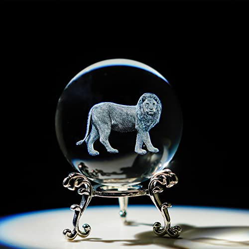 HDCRYSTALGIFTS 60 mm Kristall-Dekokugel, 3D-Lasergravur, Löwen-Figur, Kunst, Kristallglaskugel, Gravur für Heimdekoration, Geburtstag, Löwen-Ornamente, Geschenke, Durchsichtig