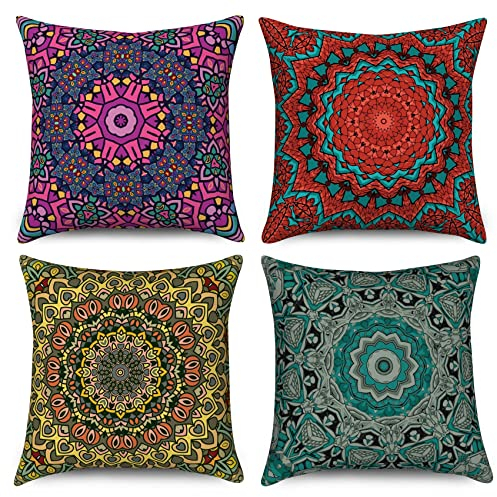 Hnmdmyi Kissenbezug Boho 45x45 4er Set, Retro Floral Mandala Kompass Medaillon Dekorative Kissenbezüge Bohemian Hippie Bunte Leinen Kissenhülle für Sofa Couch Bett Garten Outdoor Home Decor
