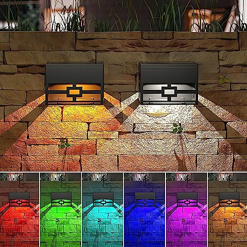 KZT 2 Stück Solarleuchten Außen LED Solar Wandleuchte IP65 Wasserdicht Zaunleuchte RGB Farbwechsel & Warmweiße Solar Zaunlichter für Gärten Wege Hinterhöfe Zäune Garage Beleuchtung Dekoration