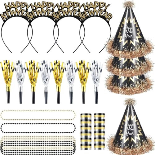 YaYuanSun 26 PCS 2025 Silvester Party Supplies Happy New Year Party Bevorzugungen Inklusive Haar Hoop Noise Makers Kegel Hüte Aluminium Film Bead Halsketten