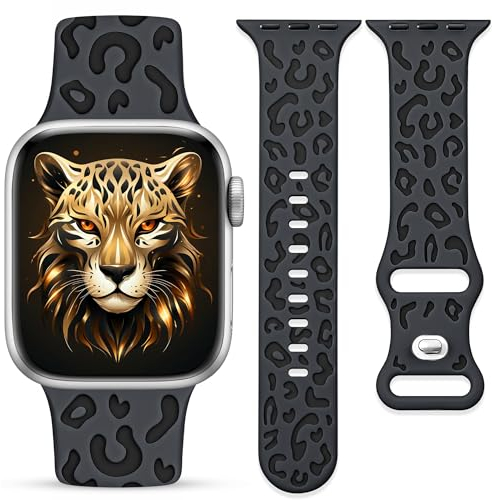 Ocaer Kompatibel mit Apple Watch Armband 42mm 41mm 40mm 38mm, Leopard Gravierte Weiches Silikon iWatch Armband für Apple Watch Series 10 9 8 7 6 5 4 3 2 1 SE, Leo Sport Band für Damen(Schwarz)