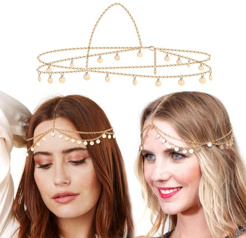 FUKPO Chaîne de Tête Doré, Bandeau Cheveux Femme Fille, Bijoux de Tête Oriental Or, Accessoire Bohème pour Festival et Mariage