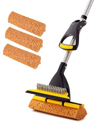 Yocada Mopa de Esponja para Uso Comercial en el hogar, Azulejos, baño, Garaje, Limpieza con 3 Cabezales de Esponja en Total, escobilla de Goma y Mango Largo telescópico Extensible, 42.5-52 Pulgadas,