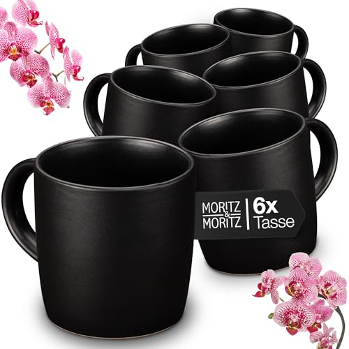 Moritz & Moritz NORDIC Juego de 6 Tazas de Café Negras - aprox. 300 ml de Gres - Diseño elegante con Asa - Tazas con asa para Café, té, Chocolate caliente, Capuchino