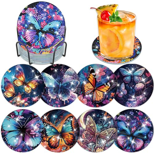 Lxmsja 8 STK Diamond Painting Untersetzer mit Halter, Diamond Painting Schmetterling, Diamant Painting Bilder Erwachsene Kinder, Diamant Tassenuntersetzer mit Kork, Basteln Erwachsene Frauen