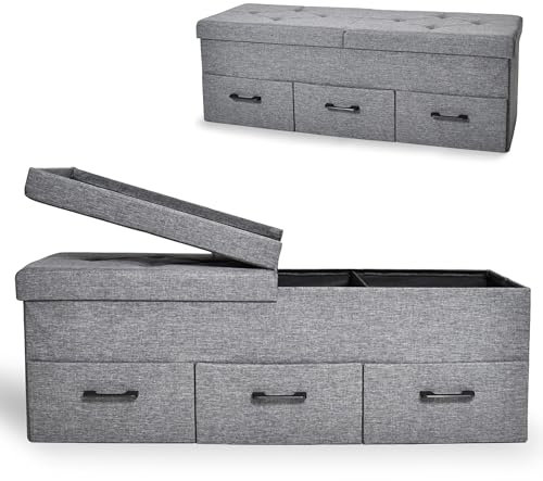 Onbest Sitzbank mit Stauraum - mit praktischen Stauraum - klappbaren Deckel & Schubladen - Aufbewahrungsbox in Grau - gepolstert - ideale Möbel für Wohnzimmer, Flur und co. (3 Schubladen)