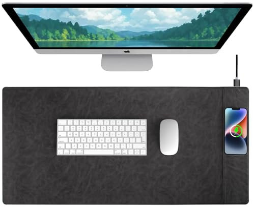 Tapis de bureau magnétique sans fil avec chargeur sans fil, grand tapis de souris imperméable et résistant aux rayures, en cuir pour le bureau et la maison, gris