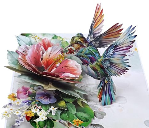 CUTPOPUP Hibiskus mit Kolibri Pärchen - 3D Karte Liebe, Hochzeitskarte, Valentinskarte, Karte Hochzeitstag, Geburtstagskarte Frau für Ehemann, Ehefrau, Sie, Ihn (Hummingbird Couple) US8-LO174DE
