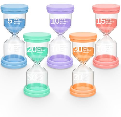 Lot de 5 Sablier Enfant Colore Sablier Minuterie Sablier Ensemble Coloré Sable Cuisine Minuterie pour 5 10 15 20 30min Ensemble, pour Cuisine, Bureau, Décoration de la Maison