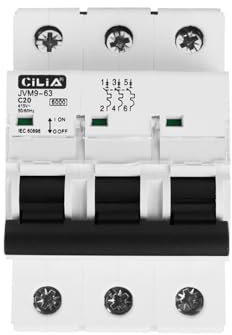 CILIA Interruttore Magnetotermico, 3 Moduli, Attacco DIN (Universale per Qualsiasi Centralino in Commercio), Poli 3P, Potere di Interruzione 6kA, Tensione 415 Vac, Curva C. In=20A (JVM9-63-3P-20A)