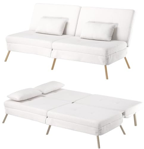 LUCKRACER Sofa 3 Sitzer Sofa Schlafsofa mit Schlaffunktion, überzug Futon Klappsofa, Bettcouch, ecksofa, Couch, 5 Verstellbare Winkel, Ideal für Wohnungen Wohnzimmer aus Teddystoff Weiß