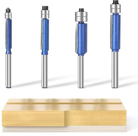 Yueqing Zhongji 4pcs 1/4 Shank Flush Trim Router Bits Set | 6.35MM Top Double Bearing, Cutting Diameter 1/4 5/16 3/8 1/2, Precision Edge Trimming, Woodworking