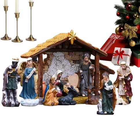 Generisch Krippenfiguren Set 12 Stück,Religiöse Jesus Geburt Skulpturen Resin | Katholisch Christliche Krippenfiguren Dekoration Und Feiertagsschmuck Für Familien Kamin Und Zuhause