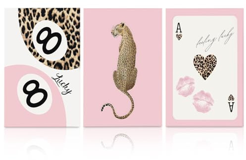 3 Pieces Leopard Print Wall Art, 30x40cm, Trendy Playing Card Canvas Wall Art, Animal Posters for Girls, Fashion Wall Pictures for Living Room, Bedroom, Home Decor, Gift for Housewarming, Frameless