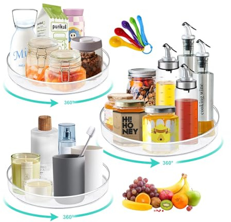 TOSUTO 3er-Pack Drehbar Gewürzregal,Schrank Organizer für Kühlschrank,360°Drehbares Gewürzregal,Drehteller Organizer,drehbarer Gewürzhalter aus Kunststoff,für Kühlschrank,Küche,Bad,Kommode