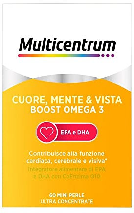Multicentrum Omega3 Cuore, Mente & Vista Boost Omega 3, Integratore Alimentare di EPA e DHA, Tripla Azione Funzione Cardiaca, Cerebrale e Visiva, Senza Glutine, 60 mini perle