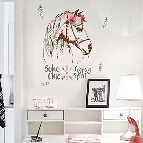 WandSticker4U®- Wandtattoo Kinderzimmer PFERDE mit Blumen in Boho Style I (56x90 cm) I Wandaufkleber Wandsticker Wandtattoo Pferde Mädchen Teenager Poster Tiere Deko groß