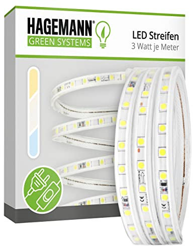 HAGEMANN® LED Streifen mit Schalter und Stecker 1-50 Meter 3 Watt pro Meter 265lm/m IP44 5050 LED Lichtleiste – LED Strip 230V