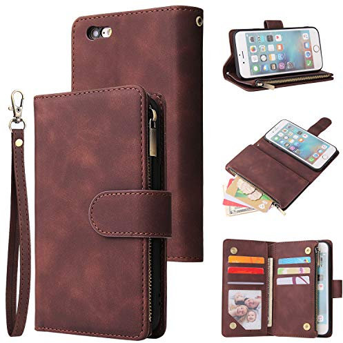UEEBAI Wallet Case for iPhone 6 6S, Premium Vintage PU Leather Magnetic Closure Handbag Zipper Pocket Case Kickstand Card Holder Slots with Wrist Strap TPU Shockproof Flip Cover - Coffee