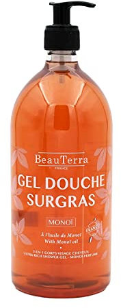 BeauTerra - Gel Douche Surgras 1L - Pour Peaux Sensibles - Sans Savon - Corps et Cheveux - Parfum Monoï - à l'Huile de Monoï - 100% Fabriqué en France