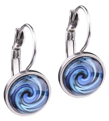 Adi Modeschmuck Ohrring 'Sienna', farbige Ornamente unter einem 12mm Glas Cabochon, handgefertigt in Berlin (Dunkelblau)