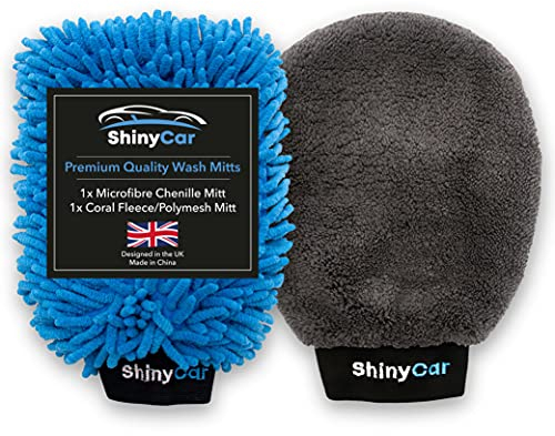 ShinyCar™ UK: 2x Microfibre Car Washing Mitts: Streak-Free Noodle Glove for Lifting Dirt & Bug Remover with Fleece Polishing Side, Scratch-Free Cleaning, Safer On Paintwork Than Sponges or Wash Cloths