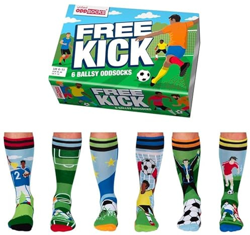 United Oddsocks Free Kick Geschenkbox, 6 bunte Herrensocken mit Fußball Motiven, Baumwolle Mix & Match Socken Herren, lustige Socken Männer, bunte Socken Herren, Geschenk für Männer EU 39–46