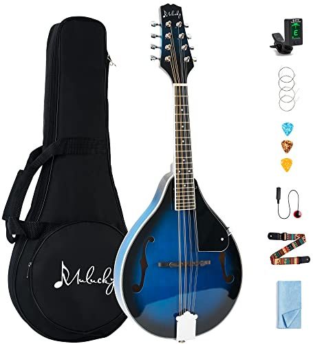 Mulucky A Style Mandolins Instrument, 8 String Acoustic Mandolin with Beginner Kit, Case, Tuner, String, Picks - Blue