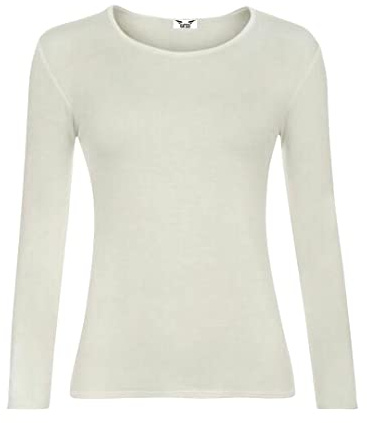 KATSSI Women’s Ladies Long Sleeve Stretch Plain Round Scoop Neck T Shirt Top ML Cream