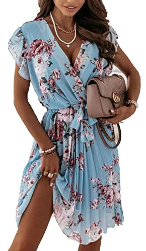 BDCUYAHSKL Abito Estivo con Stampa Digitale A Maniche Corte con Scollo A V E Volant Abito retrò Floreale da Donna Elegante