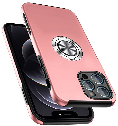 PELEPUES Case for iPhone 12 Pro Max, [Built-in Camera Cover] Military Shockproof Phone Case Cover with Embedded Metal Ring Stand Kickstand [Support Magnetic Car Holder] for iPhone 12 6.7'', Pink