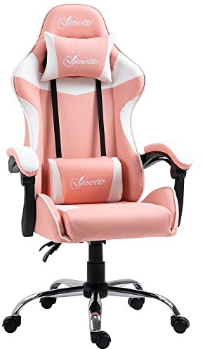 Vinsetto Silla Gaming Silla Gamer Racing Giratoria con Altura Ajustable Reclinable de 135° Reposacabezas y Cojín Lumbar para Oficina Estudio 63x67x122-130 cm Rosa