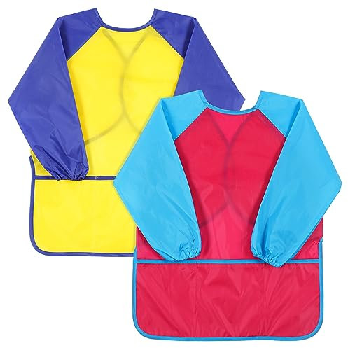 2 Pack Kids Art Smock, Kids Art Aprons with Long Sleeve and 3 Pockets Waterproof Artist Painting Aprons for Painting Cooking Eating Arts & Crafts Childs Paint Apron for Children Ages 3-8 Pink+Yellow