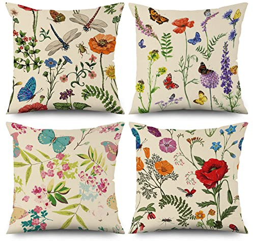 ASDCXZ Blume Kissenbezug 40x40 cm 4er Set, Frisch Blume Grün Blätter Beige Sofa Dekokissen Kissenbezüge Kissenhülle Waschbar Polyester Flachs Textil Outdoor Polster Kopfkissenbezug Kissen Bezug